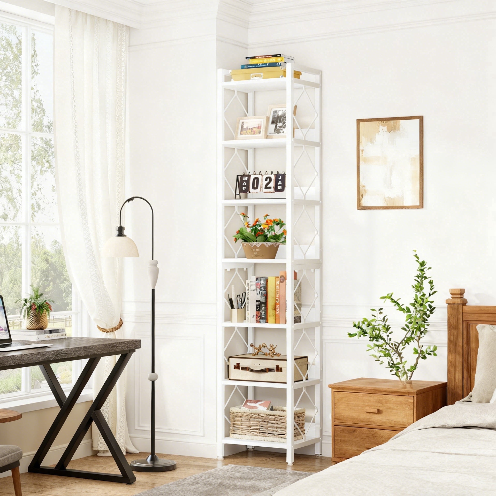 Fnova 78.7" 7-Tier Tall Storage Shelf, Narrow Metal Wood Bookshelf for Small Spaces, Office, Library, Living Room