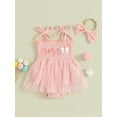 thumbnail image 2 of Bslissey Infant Baby Girls Summer Sleeveless Romper Dress Letter Tie Up Strap Tulle Patchwork Pleated Bodysuit with Headband Newborn Sweet Birthday Outfit 3M 6M 9M 12M 18M, 2 of 9