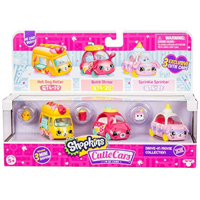 Shopkins Cutie Cars 3 Pack Collections, Die-Cast Collectible Cars with Mini Removable Drive-in Movie Collection