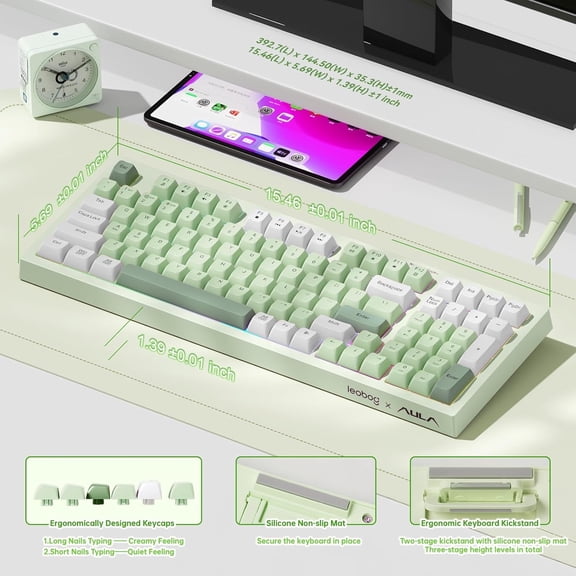 Aula K99 98-Key Wireless Membrane Gaming Keyboard, RGB Illuminated, Tri-Mode, Full-Size, 10-Key Pad, USB-A, Rechargeable, Green