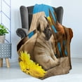 thumbnail image 4 of Pug Soft Flannel Fleece Throw Blanket, Puppy Photography with Sad Dog and Wildflowers on a Park Bench, Cozy Plush for Indoor and Outdoor Use, 50" x 70", Pale Brown Yellow Blue, by Ambesonne, 4 of 5