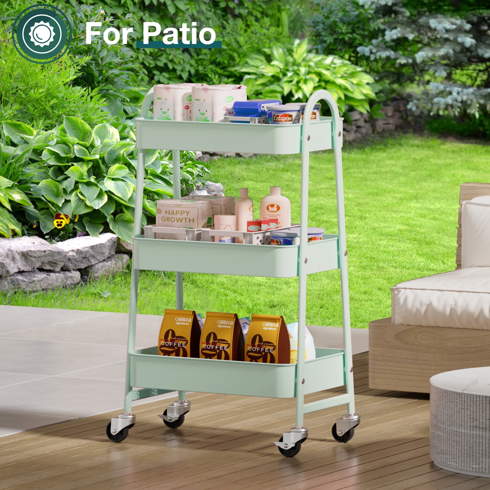 ZUNMOS 3 Tier Rolling Cart, Metal Utility Storage Cart with Lockable Wheels for Livingroom, Bathroom, Kitchen & Narrow Spaces,Green