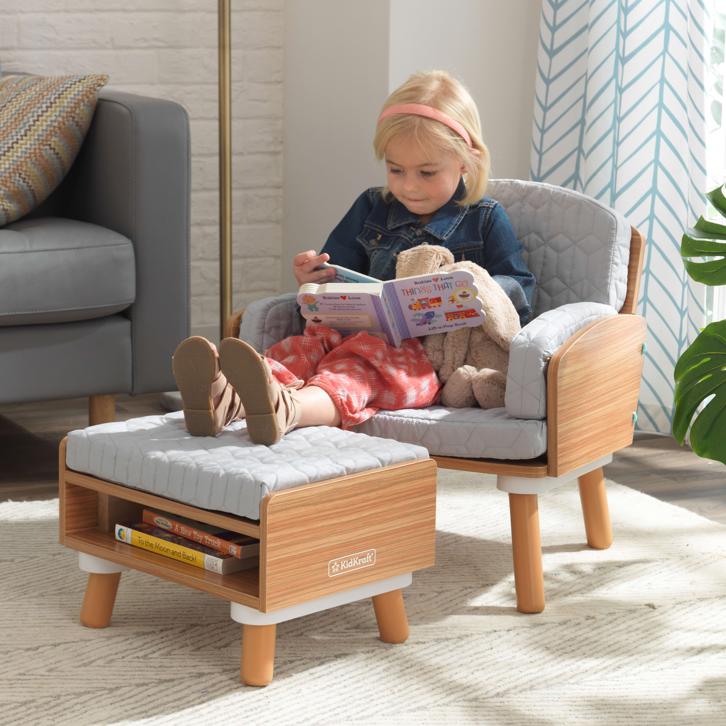 KidKraft Mid-Century kid™ Wooden Reading Chair & Ottoman with Cushions, Gray, Ages 3+ - image 2 of 10