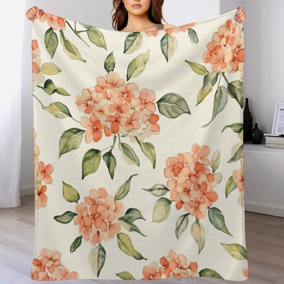Throw Blanket Peach Watercolor Hydrangea Floral Soft Cozy Flannel Fleece Throw Blanket Vintage Flower Spring Summer Flannel Couch Blanket for Couch Bed Living Room for Adults And Kids 50"x60"