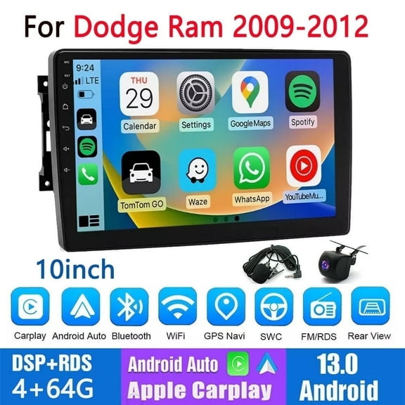 Guwzn Car Stereo Radio for Dodge Ram 2009-2012 10" Touchscreen 4 64G Vehicle GPS Navigation Wireless CarPlay Android Auto