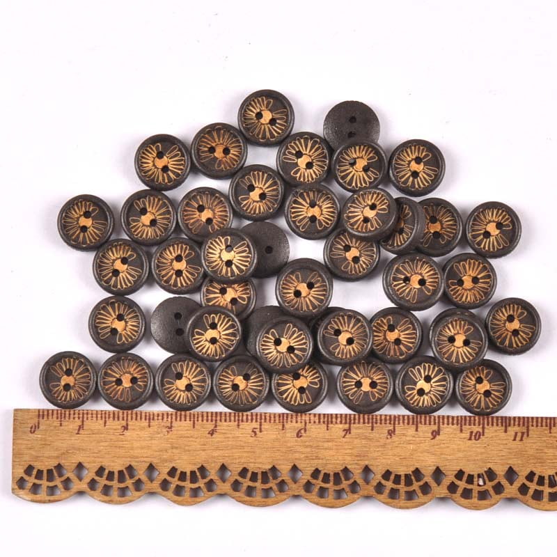 100pcs 12mm Dark Brown Round Flower Pattern Wooden Decorative Buttons for Sewing Scrapbooking Handmade