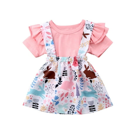

Toddler Infant Baby Girl Easter Day Clothes Set Short Sleeve Pleated Shoulder Pink Tops + Floral Skirt Cotton Outfit Set