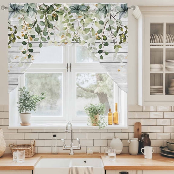 Swag Curtain Valance for Kitchen, Farmhouse Eucalyptus Retro Plank Swag Valances Rod Pocket Curtains, Gradient Sage Green Leaf Light Filtering Window Topper for Bedroom Bathroom