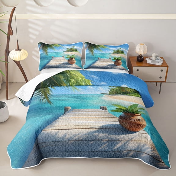 Manfei Green Palm Trees Twin Quilt Set,Wooden Bridge Twin Coverlet Set,2 Pieces