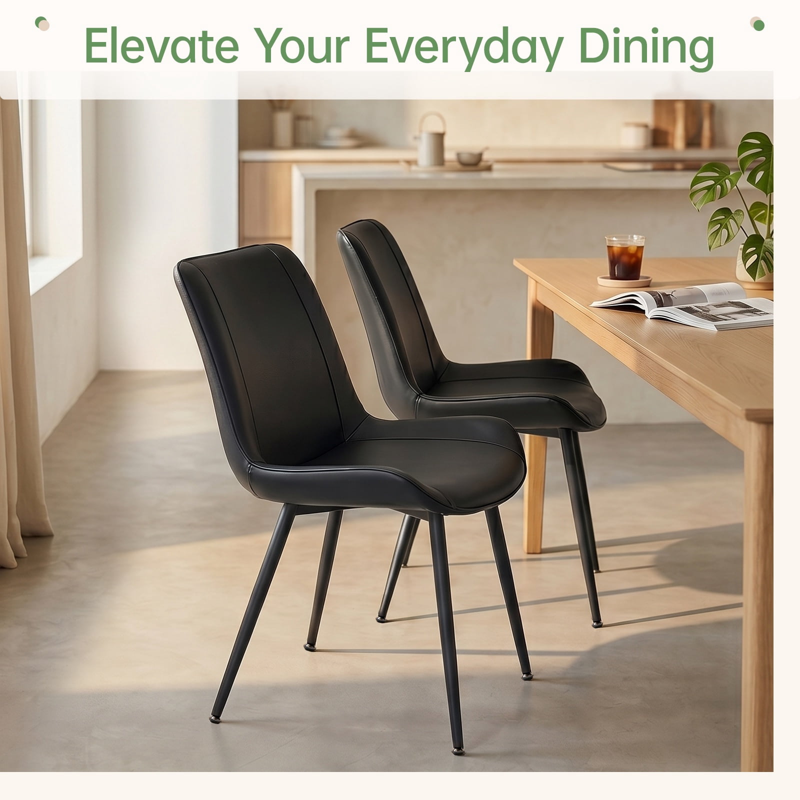 Modern Faux Leather Dining Chairs Set of 2, Upholstered Kitchen & Dining Room Chairs with Backrest, Durable Metal Legs (Black, Black Legs)