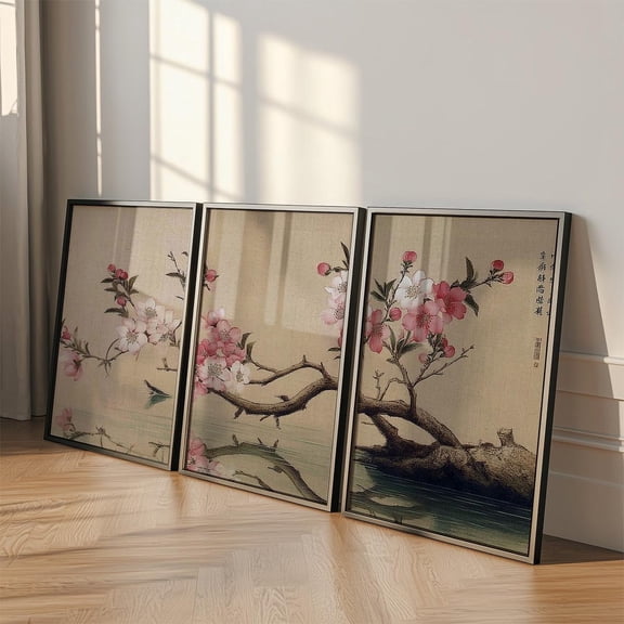 Cherry Blossom Asian Style Wall Art Set 3 Unframed Paper Print 8x12