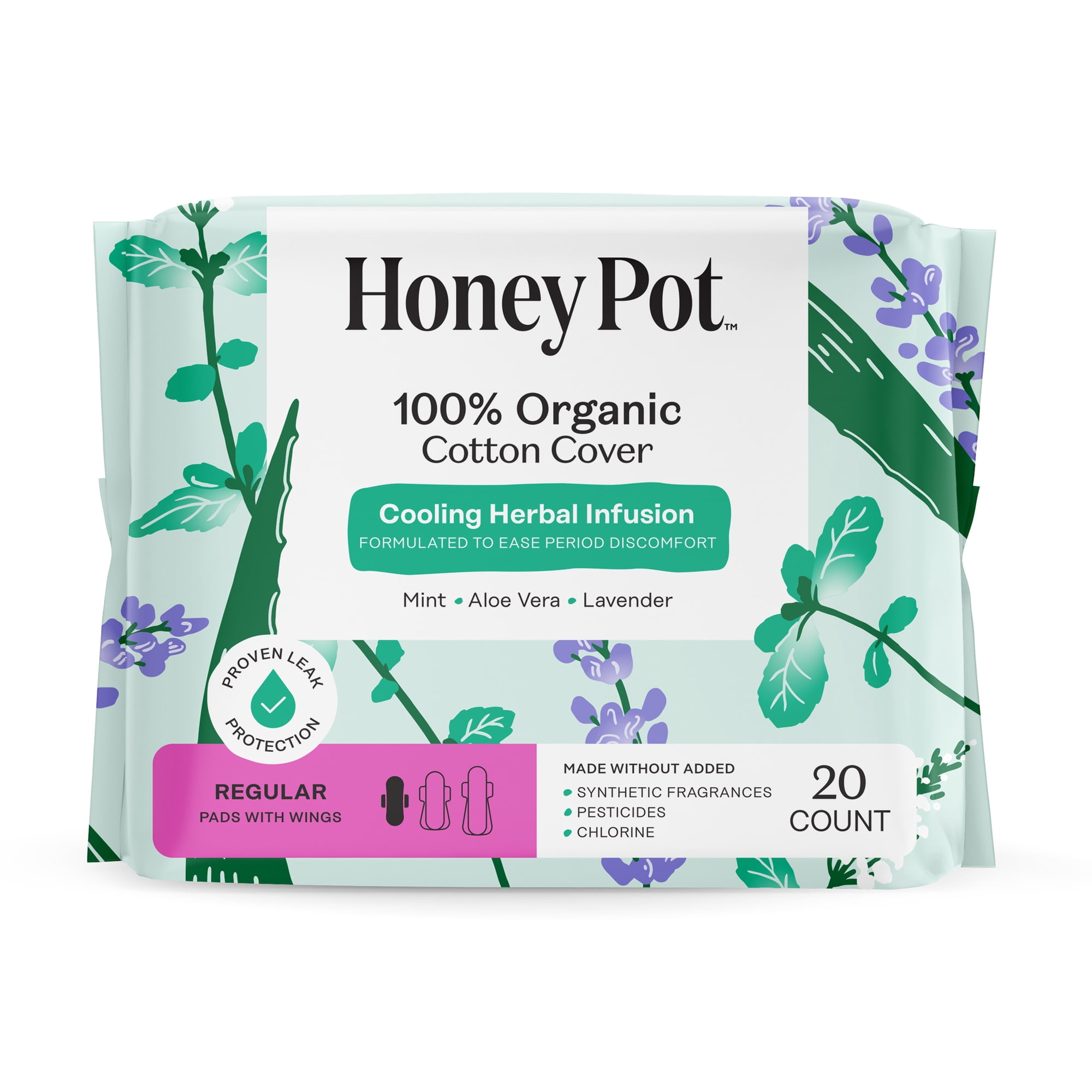 Honey Pot 100% Organic Cotton Cover Cooling Herbal Infusion Regular Pads, 20 Count