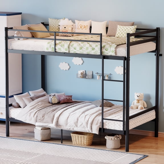 Twin over Twin Bunk Bed with Storage Space, Dolonm Heavy Duty Metal Frame Bunk Bed, Ladder and High Guardrail, Noise Free, Black
