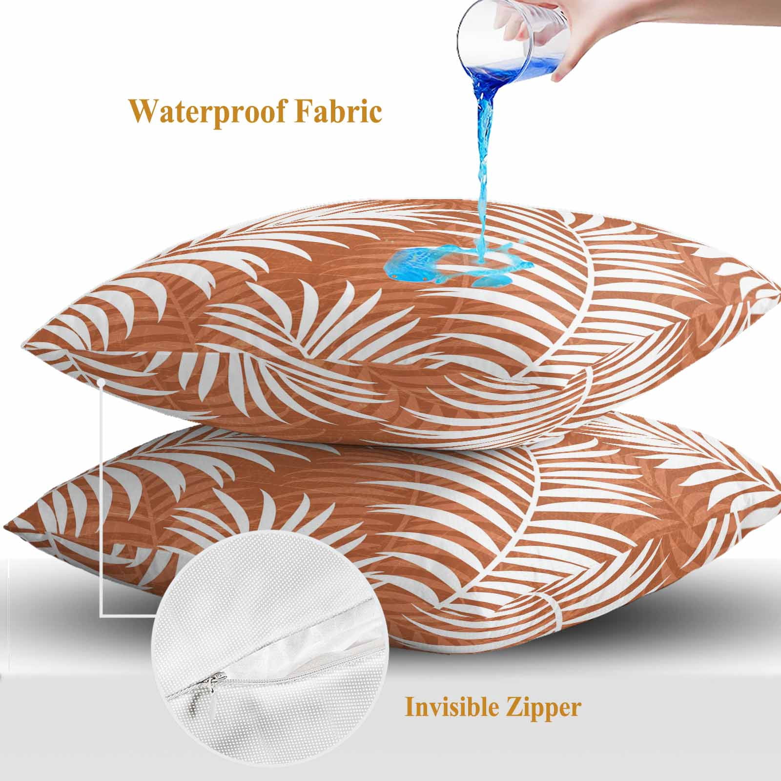 Outdoor Waterproof Throw Pillow Covers Set of 2 Summer Palm Leaves Decorative Pillowcases Square Outdoor Pillows Cushion Case 18x18 Inch Orange Tropical Leaf Plant Patio Pillows for Couch Sofa Bed