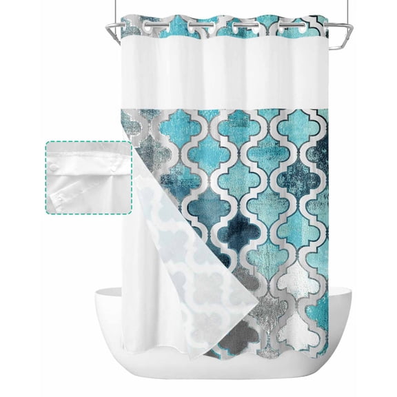 No Hook Shower Curtain with Snap in Liner, Morocco Geometric Lattice Turquoise and Grey Art Graffiti Shower Curtains for Bathroom, Washable Shower Curtain Liner Set with Mesh Top Window, 36"x78"
