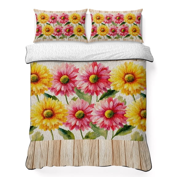 Quilts Twin Size Bedding Set, Watercolor Daisy Lightweight Quilted Comforter, Farmhouse Red Yellow Floral Wooden Soft Reversible Bedspread Coverlet with Pillow Covers for All Season, 68" x 86"