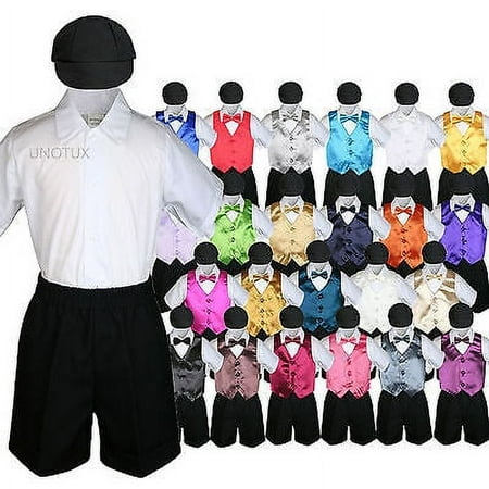 

Black Boy Toddler Formal Vest Shorts Suit Satin Vest Bow Tie Hat 5PC Set sz S-4T