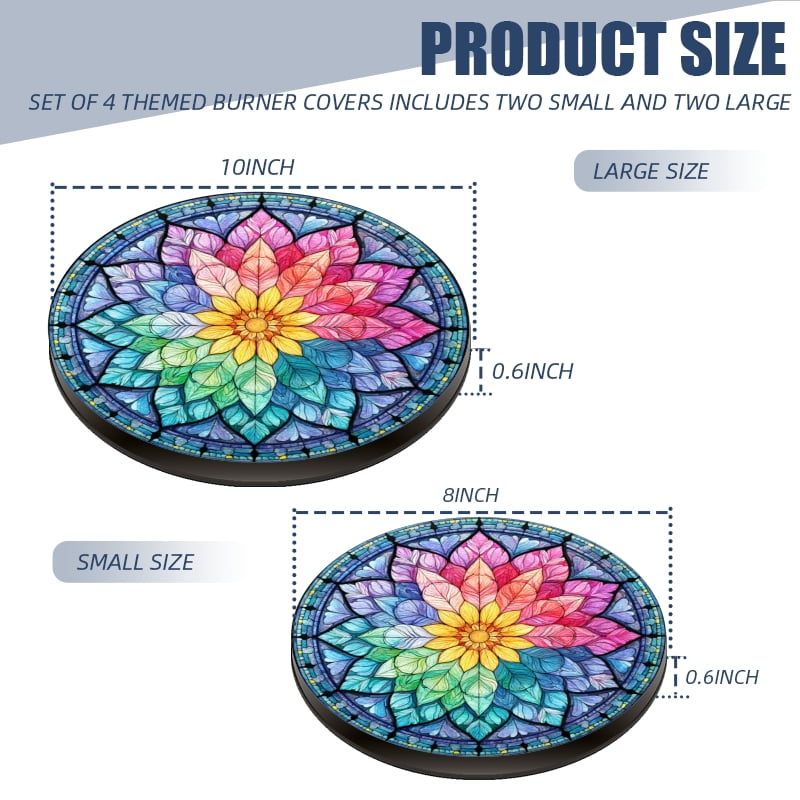 Round Burner Covers for Electric Stove, Multicolored Mystery Floral Mandala in Stained Glass Style Metal Durable Burner Covers Set of 4 for Kitchen Cooktop, 8 Inches and 10 Inches