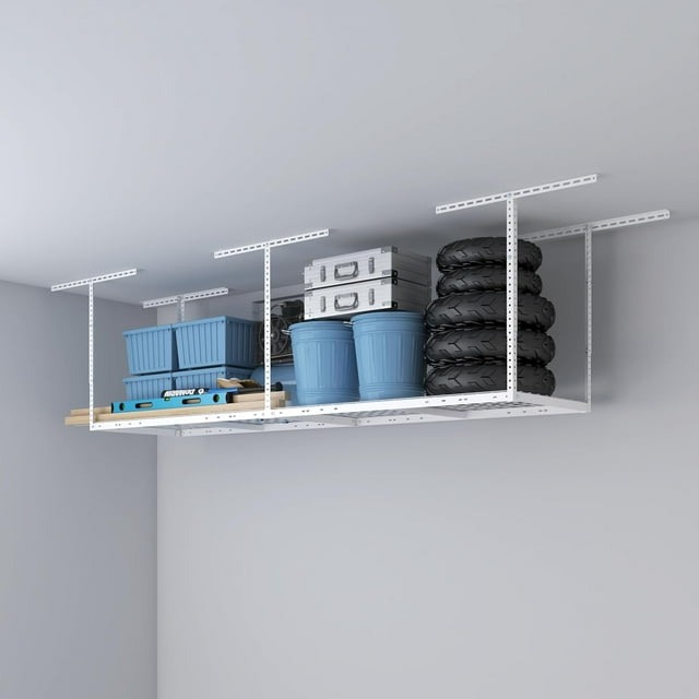 2ftx8ft Overhead Garage Storage Rack, Heavy-Duty Metal Garage Ceiling Storage Rack, 22''-40" Adjustable Ceiling Drop-Down, 400 lb. Loading Weight Capacity, White