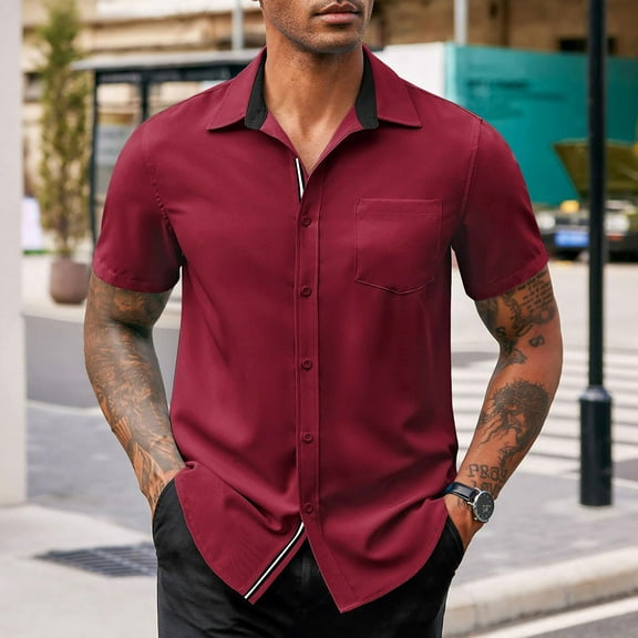 BRGZLK Mens Button Down Shirts Summer Casual Short Sleeve Solid Color Turn-Down Collar Lightweight Loose Breathable Dress Shirts with Pocket Red S