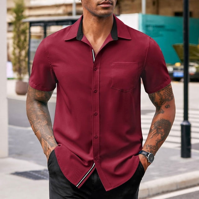 Styesk T-Shirts pour Homme Décontracté Couleur Unie Bouton Manches Courtes Col Rabattu Blouse Chemise