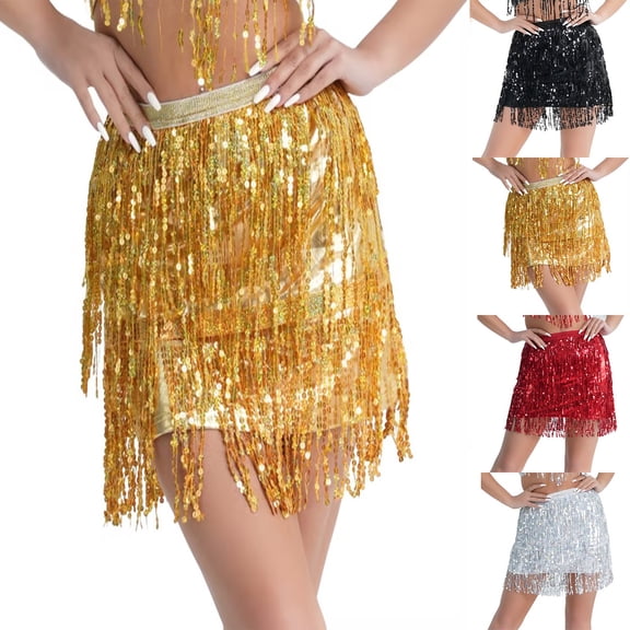ZQUUVOU Women's Sequin Fringe Dance Skirt Performance Sparkling Tassel Hem Puffy Bodycon Stage Show Practice Gold