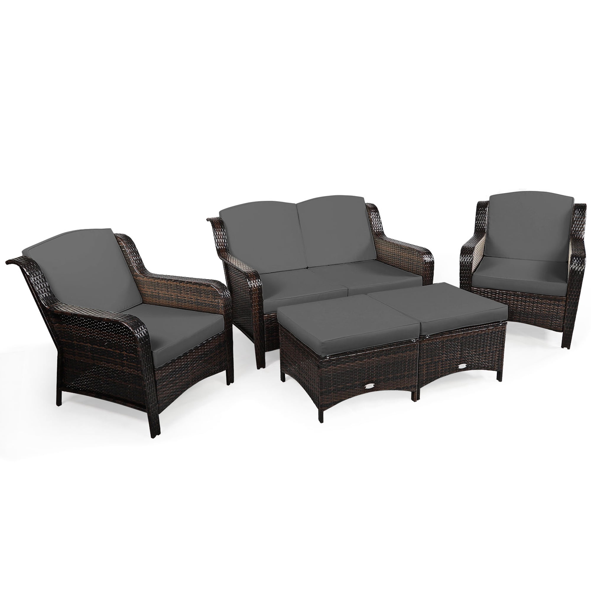 Gymax 5PCS Rattan Patio Conversation Sofa Furniture Set Outdoor w/ Grey Cushions