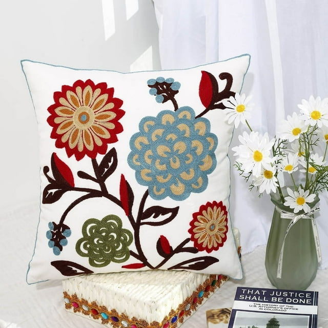 DEBGFS Spring Botanical Floral Embroidered Cushion Cover American Country Style Pillowcase Cotton Square Decorative Pillows for Sofa,F