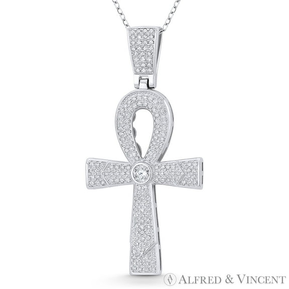 Egyptian Ankh Cross Key-of-Life Large Cubic Zirconia CZ Crystal Pave 55x26mm (2.2x1in) Pendant & Chain Necklace in .925 Sterling Silver w/ Rhodium