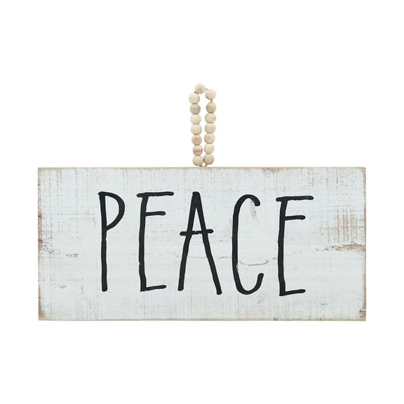 Parisloft Peace Whitewashed Wood Plaque with Natural Wood Bead String Hanger, Christmas Wall Decor