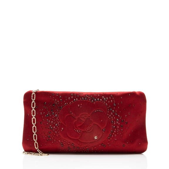 Pre-Owned Chanel Satin Crystal Embellished Camellia Clutch on Chain