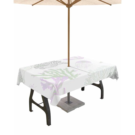 Outdoor Tablecloth with Umbrella Hole for Patio/Picnic/Party/Camping, Sage Green Purple Coral Coastal Waterproof Table Cloth Rectangle Table Cover Washable, Nautical Starfish Beach (60"x 102")