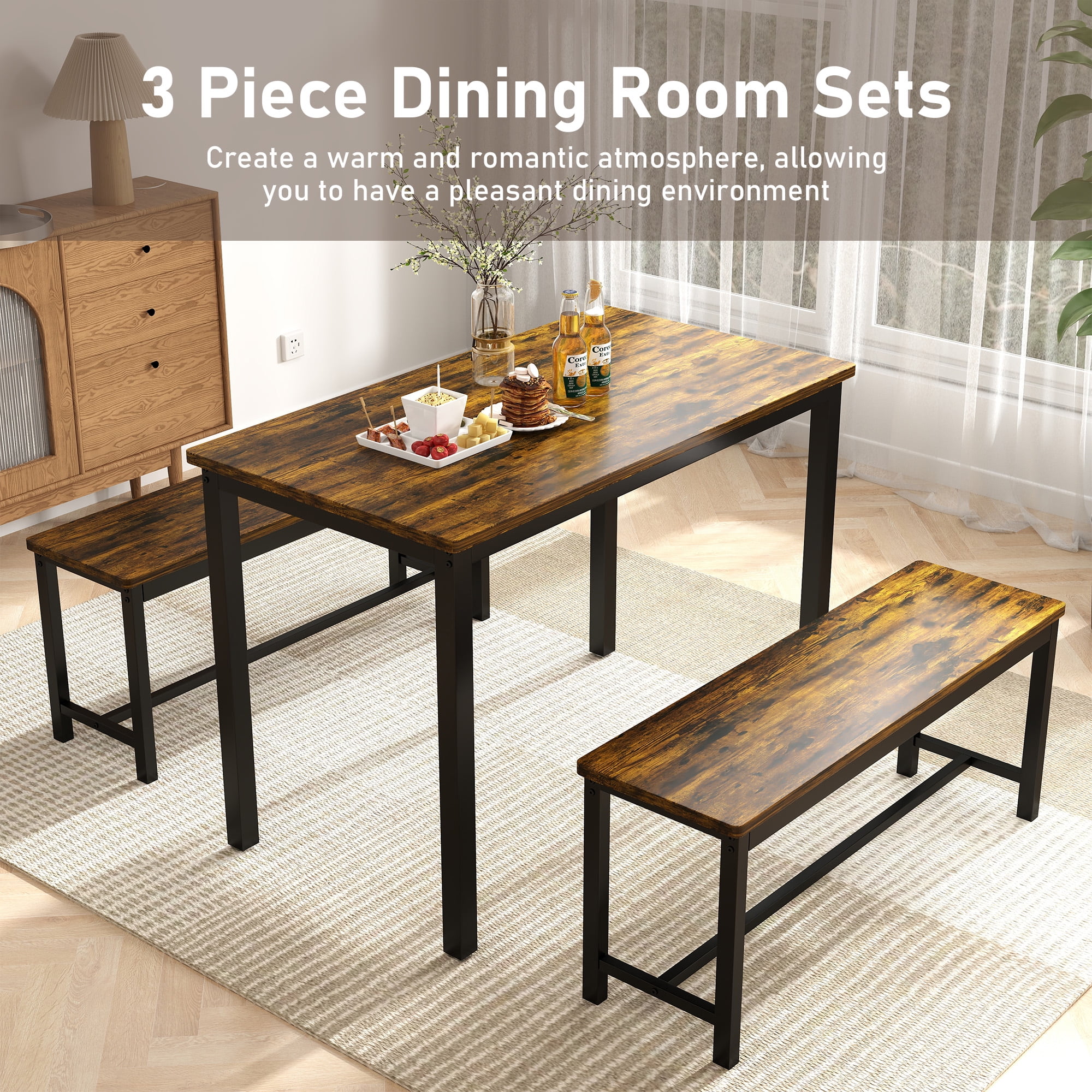 Aukfa Dining Table Set for 4, Kitchen Dining Table Set with 2 Bench ,Brown
