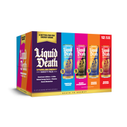 Liquid Death Sparkling Energy Variety Pack, Zero Sugar Energy Drink, Unextreme Caffeine 100mg, Essential Vitamins, 4 Flavors: Strawberry, Tropical, Orange, and Murder Mystery, 12 fl oz (Pack of 12)