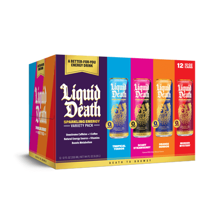 Liquid Death Sparkling Energy Variety Pack, Zero Sugar Energy Drink, Unextreme Caffeine 100mg, Essential Vitamins, 4 Flavors: Strawberry, Tropical, Orange, and Murder Mystery, 12 fl oz (Pack of 12)