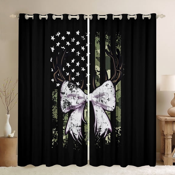 Homewish Cartoon Ribbon Bowknot Black Out Curtains for Teens, Rustic Camouflage Curtains Pack of 2 (42x63 Each), Vintage US Flag Bedroom Curtains, Window Curtains Bedroom Decor
