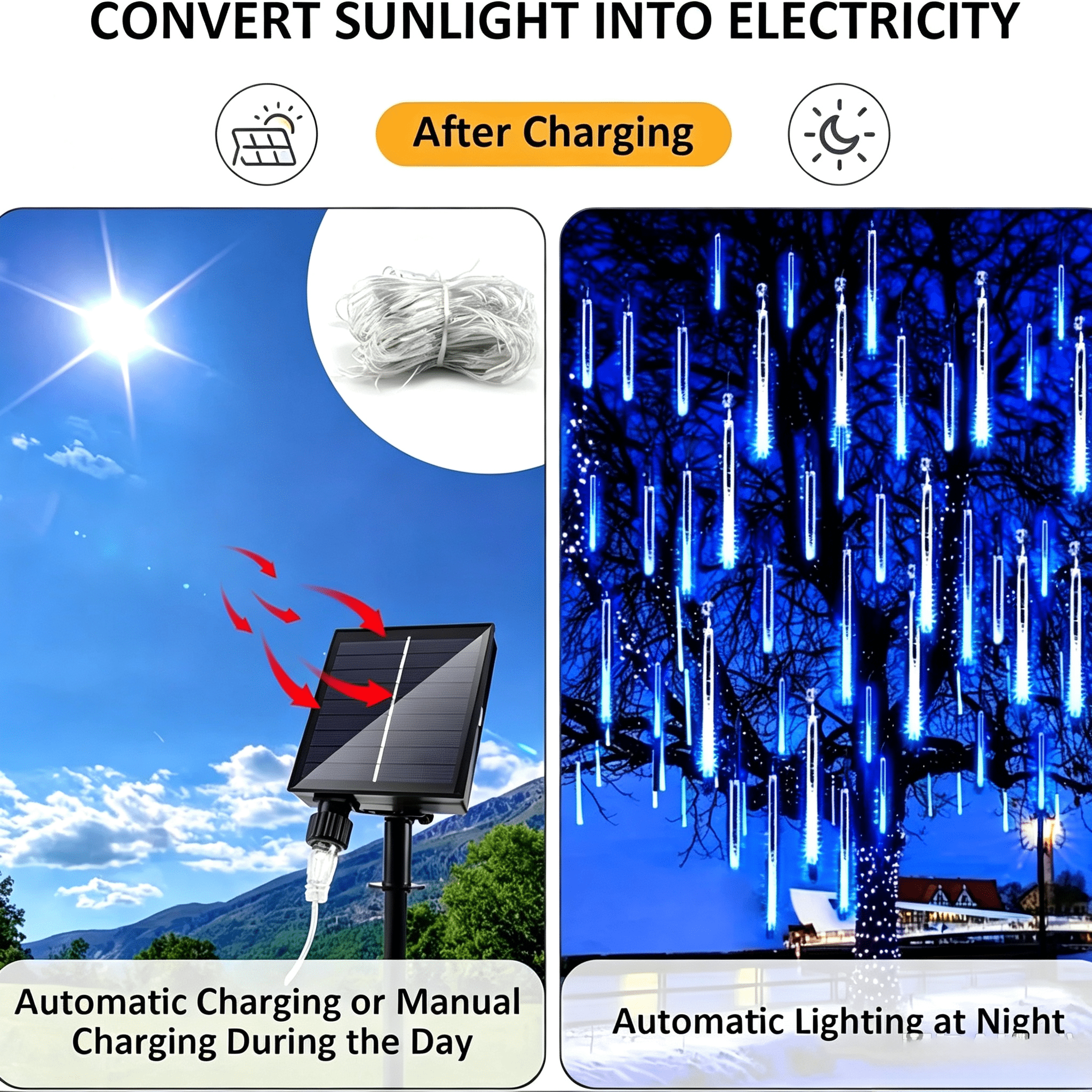 Multicolor Solar Meteor Shower Light Outdoor, Waterproof Christmas Light Solar Powered 10 Tube 360 Led Icicle String Light, Snowflake Waterfall Raindrop Light For Christmas Tree