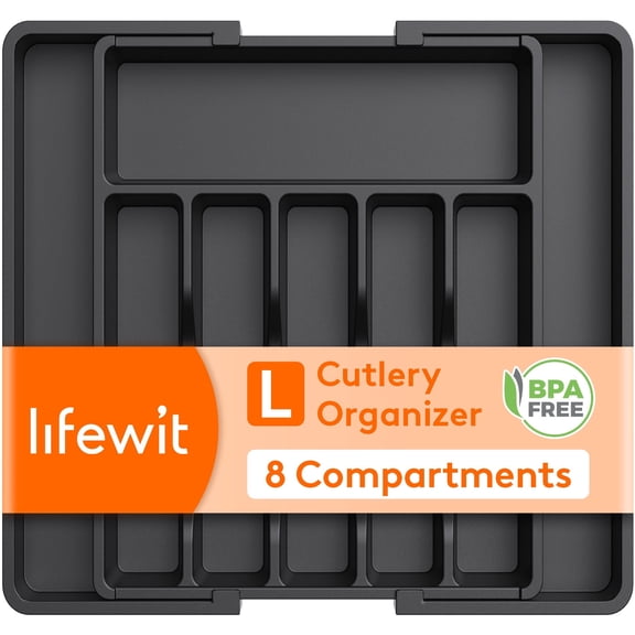 Lifewit Silverware Drawer Organizer, Expandable Utensil Tray BPA Free, Adjustable Flatware Storage for Spoons Forks Knives, 13"-22.4", Black