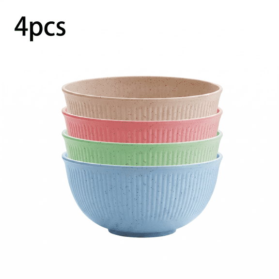ROSEXIXI Plastic Bowls 4pcs Durable Reusable Cereal Bowls – Lightweight Wheat Straw Soup Set Microwave Safe Vertical Texture Ramen Bowl for Kids Adults Camping Picnic and Home