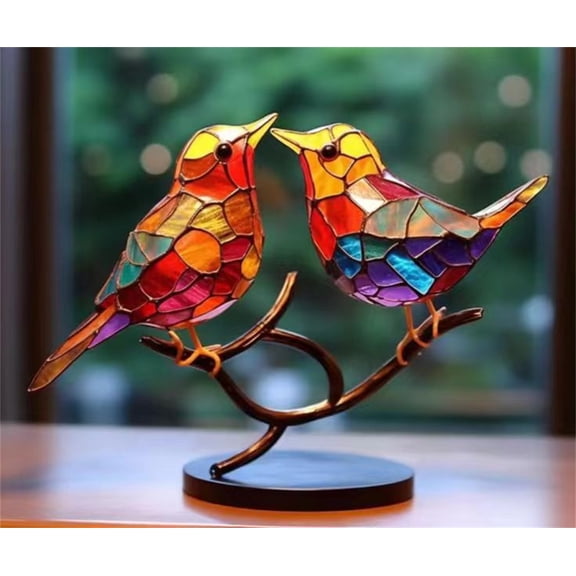 Chamoist Birds On Branch Figurine,Birds On Branch Desktop Ornaments,Stained Acrylic Double Sided Multicolor Hummingbird Craft Statue,Metal Art Bird Sculpture,Birds Decorated Acrylic Bird Branches