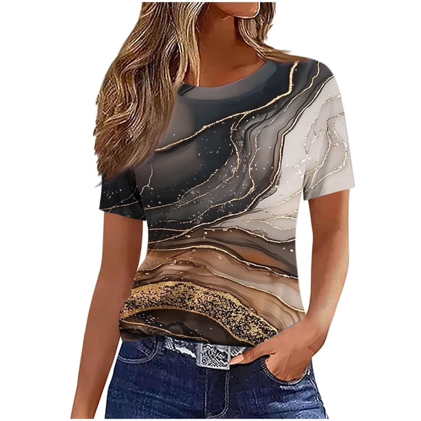 Tops de Cuello Redondo para las Mujeres de Manga Corta Impresa Casual, Camiseta de Moda para Uso Diario Y de Fiesta