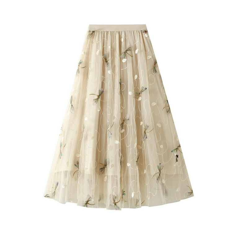 Women Mesh Party Skirts Embroidered Dragonfly High Waist Long Flowy Skirt Layered A line Pleated Maxi Skirt Walmart