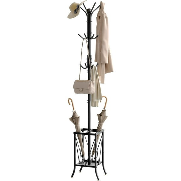 Coat Rack Freestanding, Coat Rack with Umbrella Holder, Entryway Hanger Stand with12 Hooks, Metal Hall Tree for Bags, Coats, Hats, Entryway, Hallway, Living Room, Bedroom, Office Black TYM01BB
