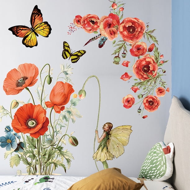 Adhesivos de pared de PVC con forma de amapola roja y mariposa, 72 x 59 cm