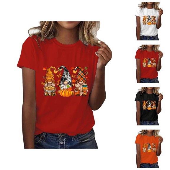 Women's Casual Pumpkin Print T Shirt Short Sleeve Crewneck Loose Fit Tee for Everyday