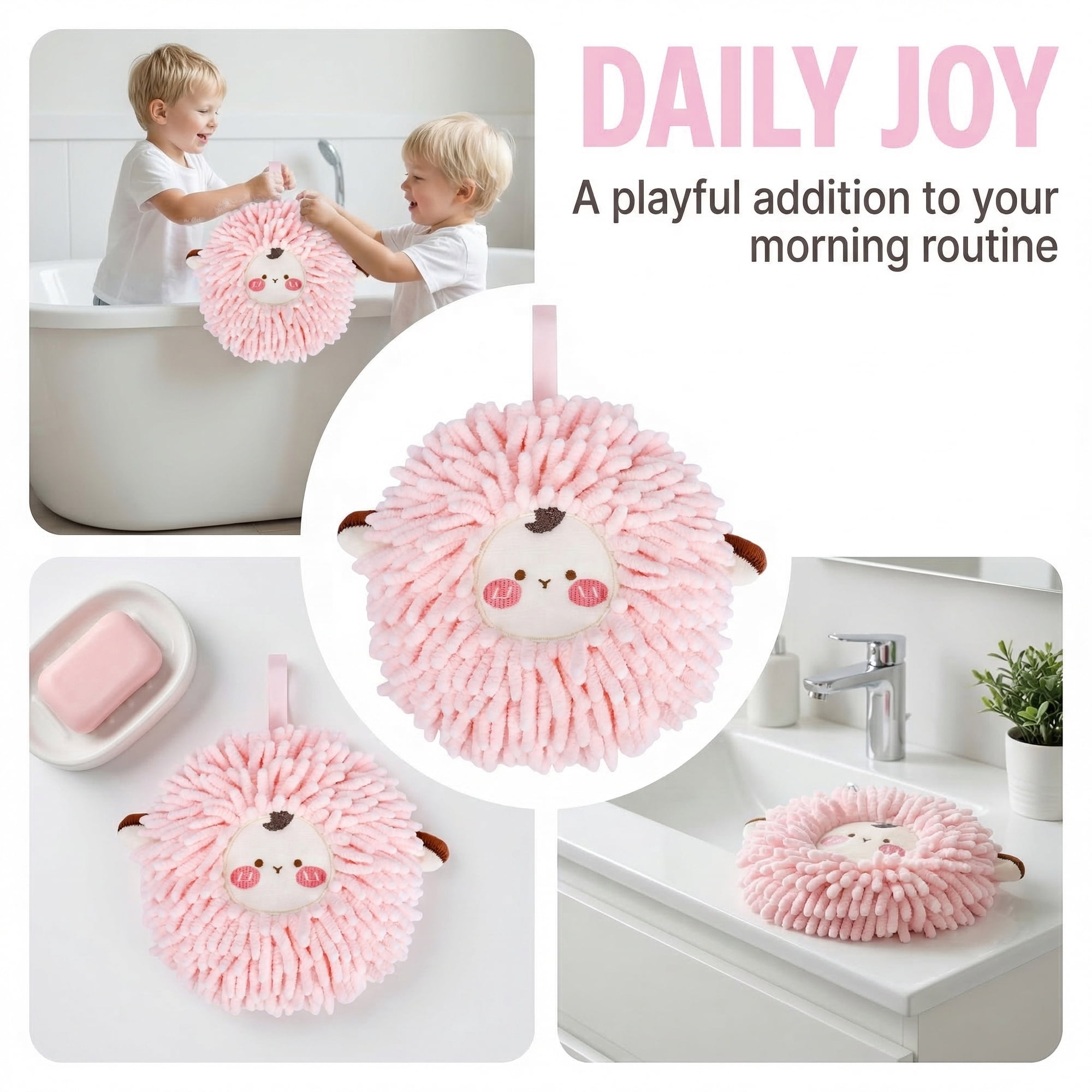 Unique Bargains Cute Sheep Animal Chenille Soft Hanging Hand Towel Pink 6" x 6"