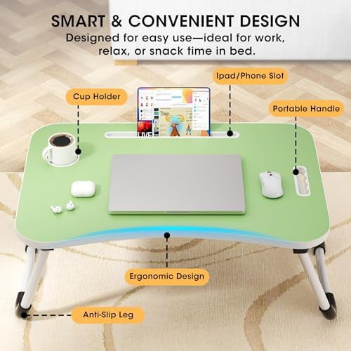 Folding Lap Desk, 23.6 Inch Wood Laptop Bed Desk with Cup Holder, Portable Bed Table for Working Writing Reading & Eating for Bed, Sofa, Couch, Floor - Green