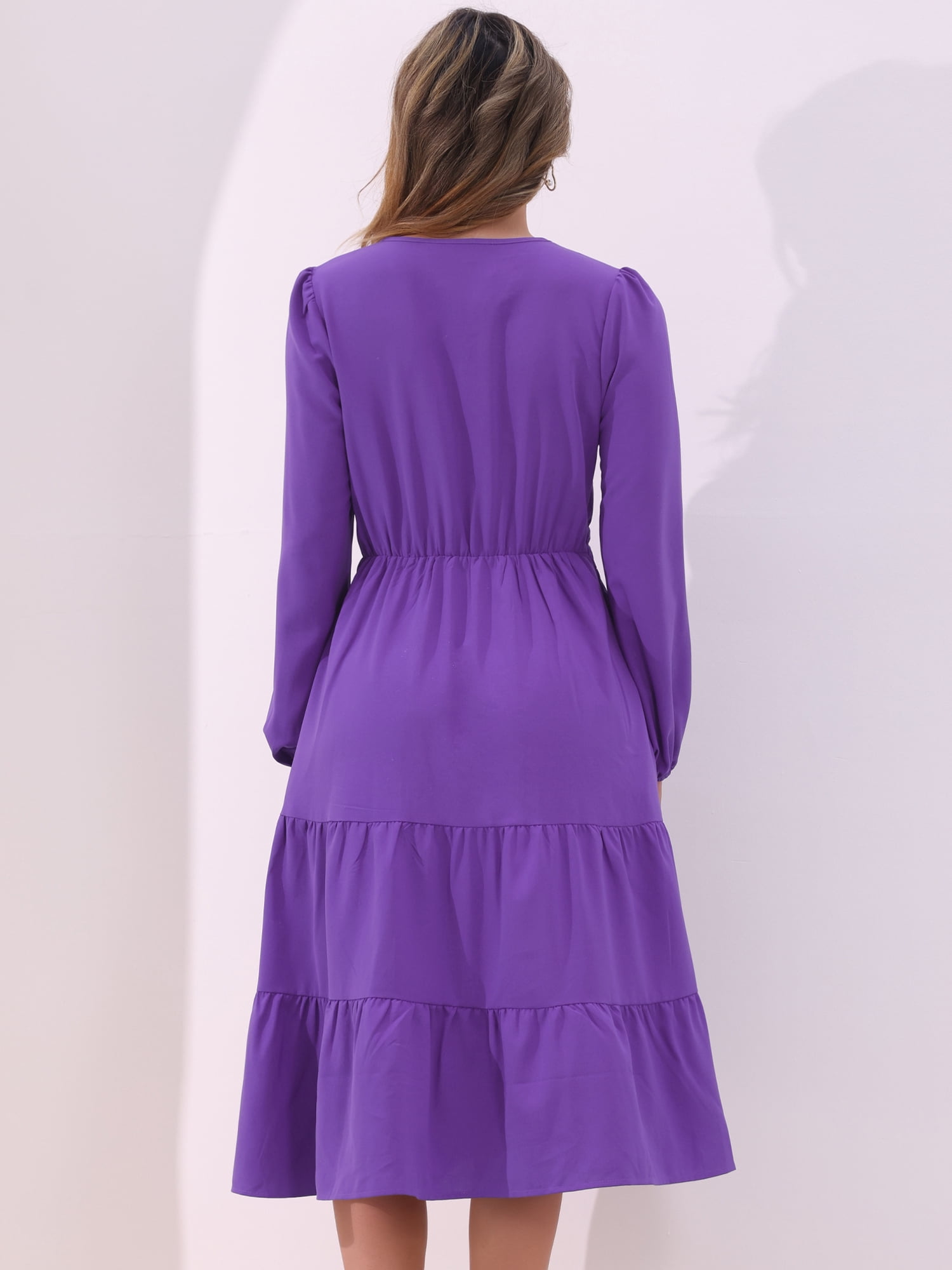 DARING DIVA V Neck Long Sleeve Ruffle Flowy Midi Dress S Purple