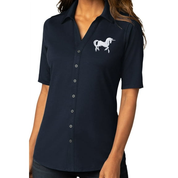 Womens White Unicorn Patch Button-Down Stretch Shirt, Extra-Small River Blue