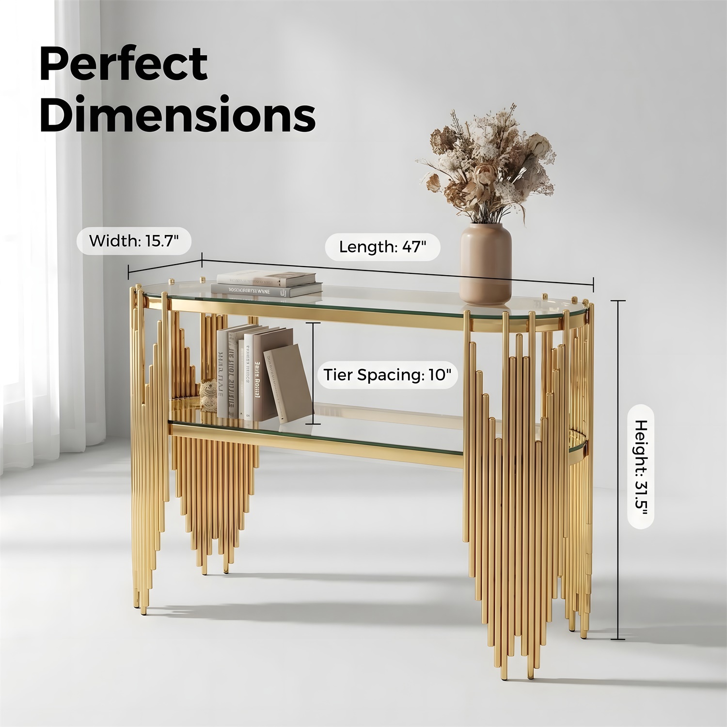 Hommoo Luxury Oval Console Table with Tempered Glass Shelves, Modern Stainless Steel Entryway Table for Hallway, Living Room & Behind Sofa, Gold